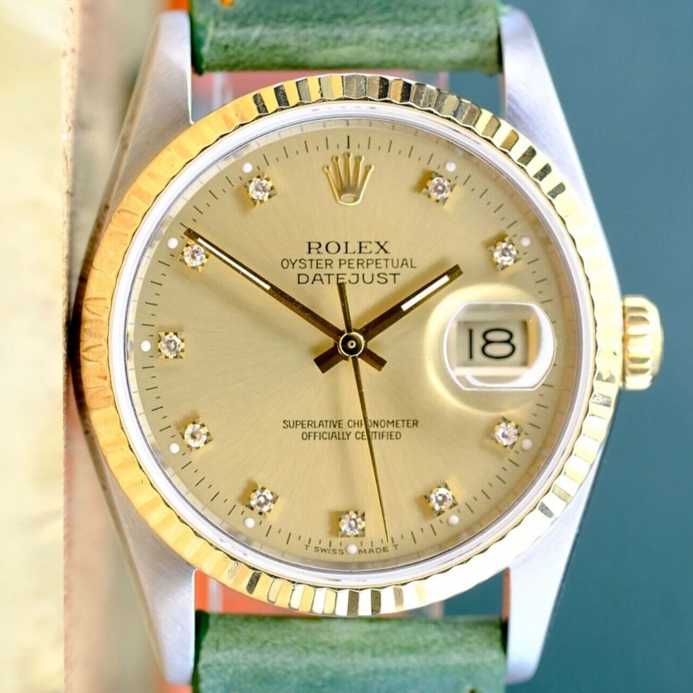 ROLEX DATEJUST CHAMPAGNE INDEX DIAL 18KY & STEEL JUBILEE  GREEN LEATHER 16233
